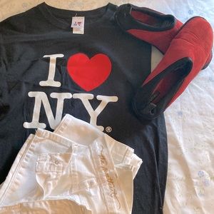 Old Navy white jeans/ black T-shirt / red slippers